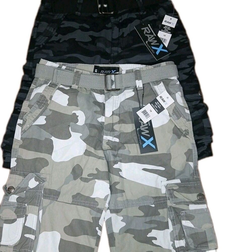 RAW X Boy's 2Pcs Combo Belted Twill Cargo Shorts in White/Black Camo Sz 18 NWT